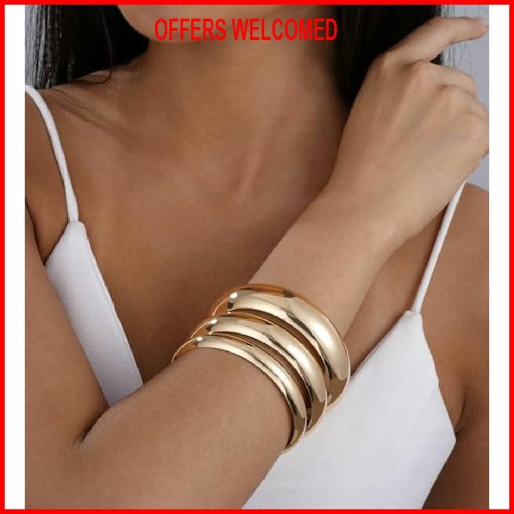 Chunky Gold Plated Bangle Bracelet Set Stackable Minimalist Fashion - Picture 5 of 8